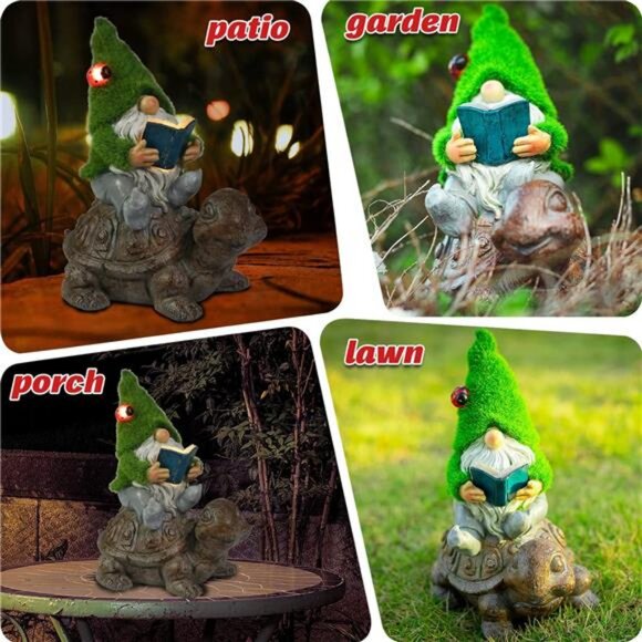 Garden Gnome Sitting on Turtle Outdoor Statues and Sculpture with Solar Lights - Picture 4 of 7